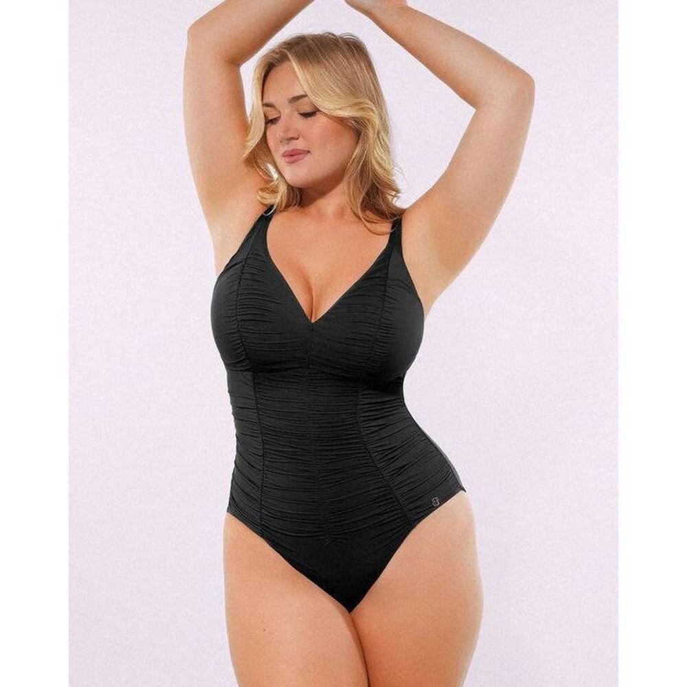 Shapellx Black Ruched V-Neck Swimsuit Tummy Control Shaping Women's Large - Picture 11 of 12